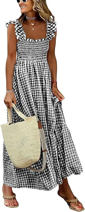 Caracilia Women's Summer Casual Plaid Smocked Maxi Dress Ruffle Spaghetti Strap Long Dresses 2026... | Amazon (US)