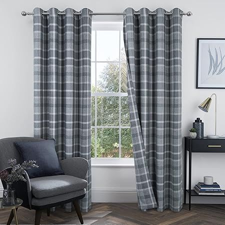 always4u Grey Plaid Tartan Curtains Highland Woolen Look Check Modern Classic Window Treatment Cu... | Amazon (US)