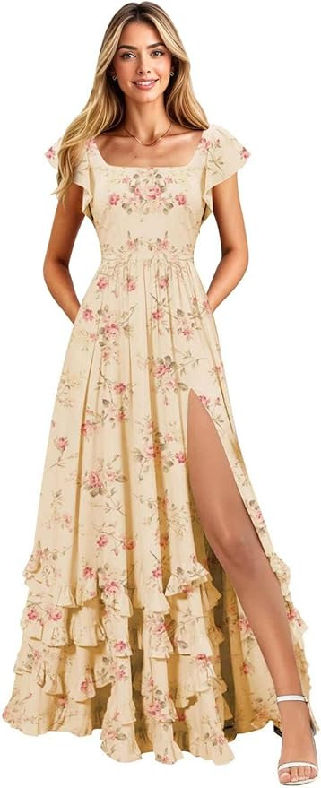 Amazon.com: Fulbymu Flutter Sleeve Floral Champagne Bridesmaid Dress with Slit Pleated Chiffon Sq... | Amazon (US)