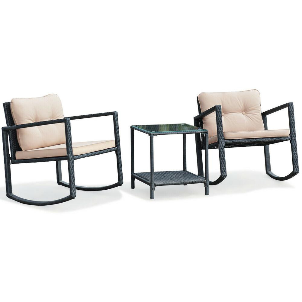 Costway 3-Piece Wicker Patio Conversation Set Rocking Chair Sofa Garden Furniture Set with Beige Cus | The Home Depot