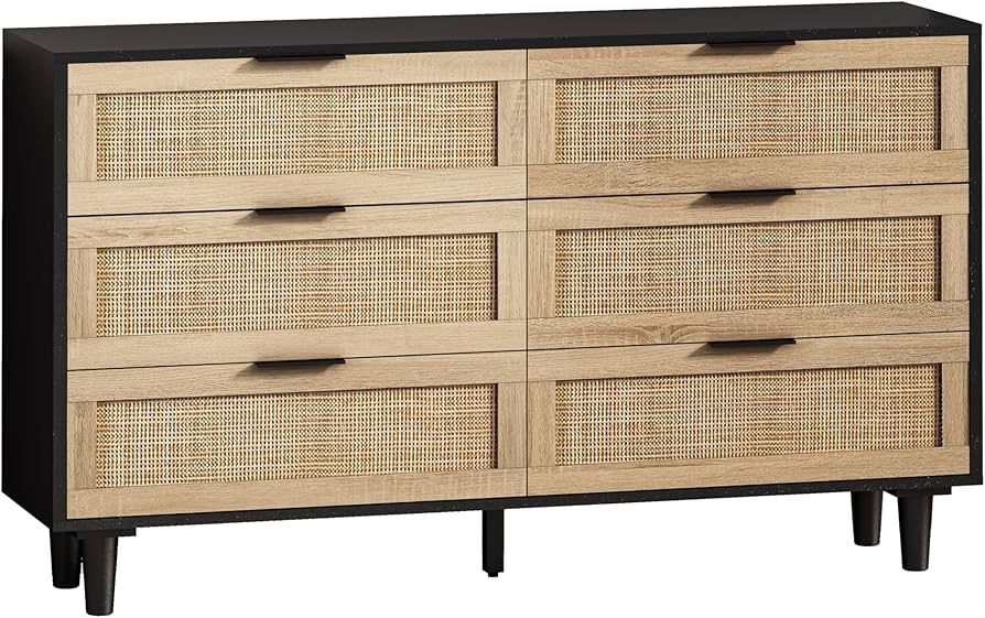 BFJDM 51.18'' 6 Drawer Rattan Storage Dresser Rectangle Wood Cabinet for Living Room Hallway Entr... | Amazon (US)