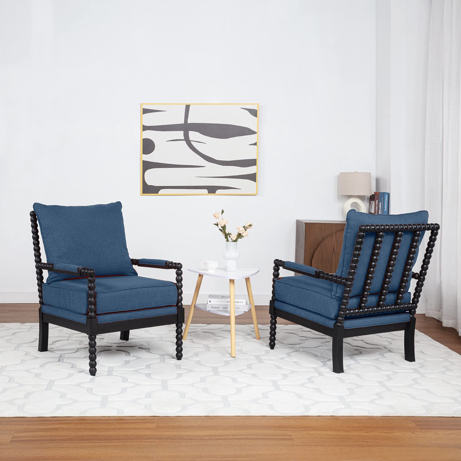 SEYNAR Mid Century Boucle Uplostered Wood Accent Armchair with Cushion Set of 2 in Blue | VD808NAVYS2 | Lowe's