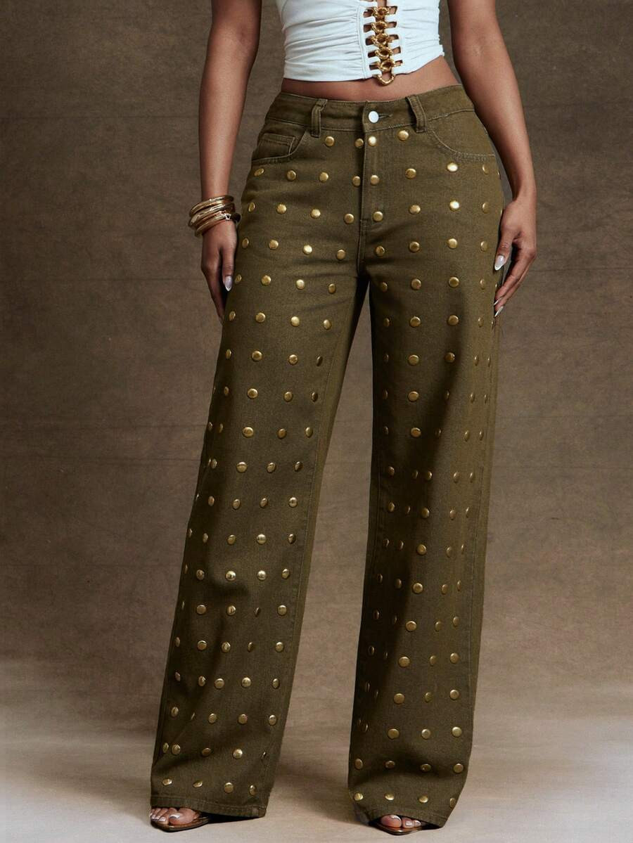 Denimoi Gold Studded Detail Straight Leg Denim Jeans, Fashionable, Fall And Winter | SHEIN