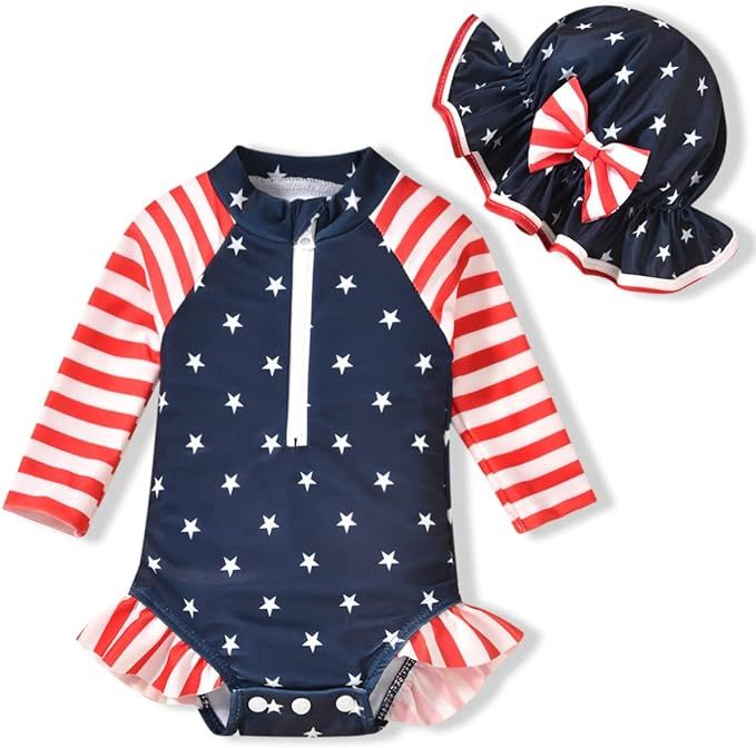 Aalizzwell Baby Girls Long Sleeve One Piece Swimsuit with Hat | Amazon (US)