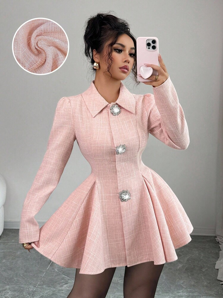 Elenzga French Autumn Tweed Puff Sleeve Dress With Waist Cinching Design, Elegant & Slimming, Suitable For Dates, Autumn/Winter Fall Cloth For Women | SHEIN