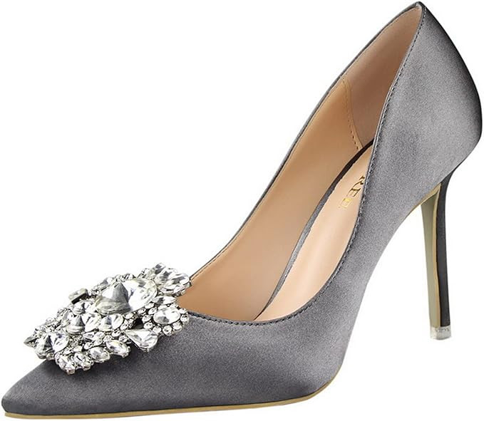 FGHSD Womens Rhinestone Satin High Heels Pumps Pointed Toe Slip on Stiletto Classic Dress Party O... | Amazon (UK)