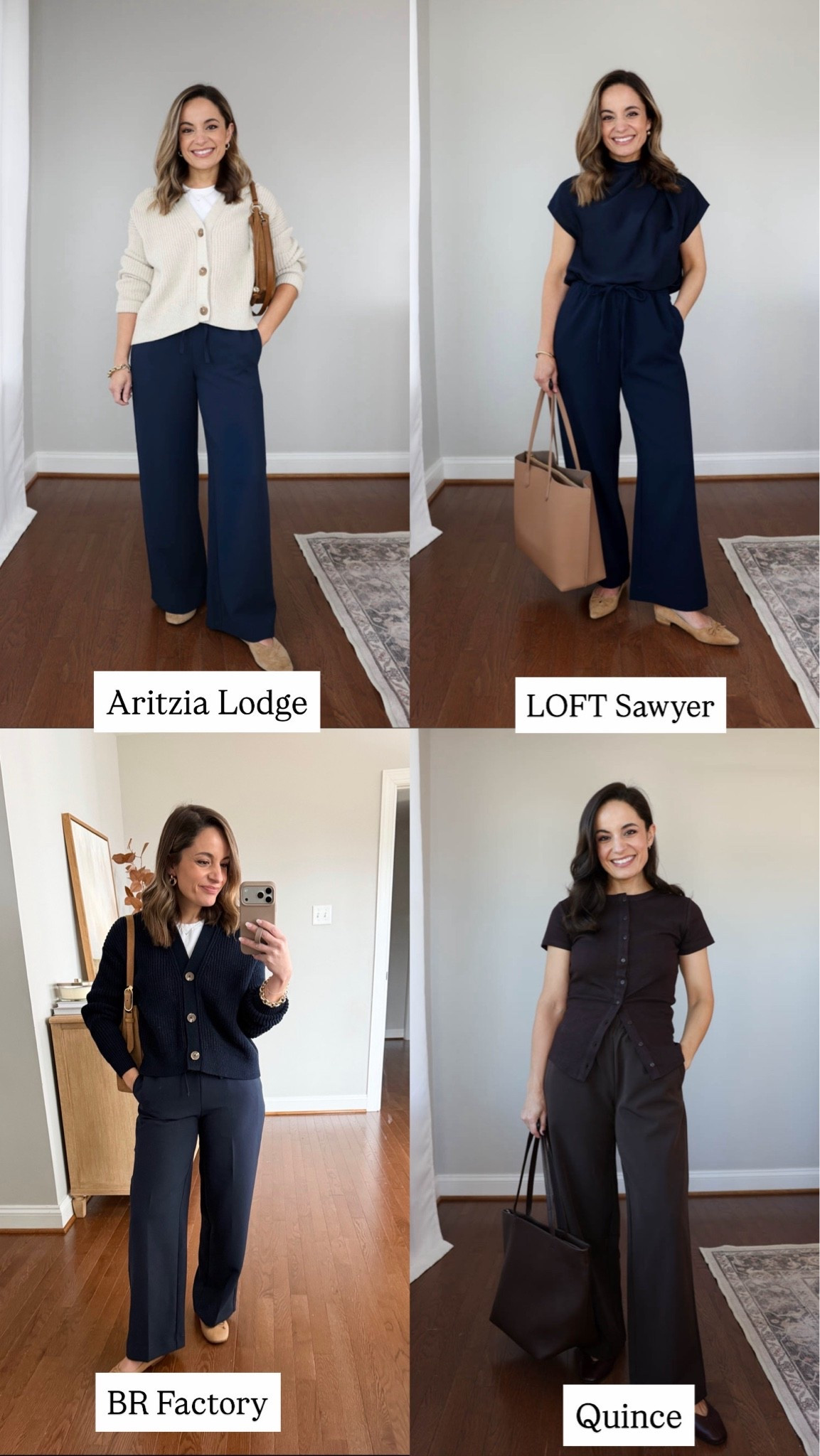 Four pairs of crepe pants for petites and how they compare to the original Lodge pants 

All options are crepe and relatively wrinkle resistant. The fabric is similar in weight - Aritzia does have the nicest drape and fit but also the longest inseam that increases with size. 

Aritzia: xxs short / 28”+ inseam. True to size 
LOFT Sawyer: petite xxs / 27.5” inseam (recent release has a 28” inseam although 27.5” is the standard for the Sawyer Pants). Runs large I recommend a size down. 
BR Factory: petite xxs / 27.5” inseam. True to size. Not currently available in petite but showing up on a “first look” so hopeful petite will be offered 
Quince: xs / 28” inseam / size down if between sizes