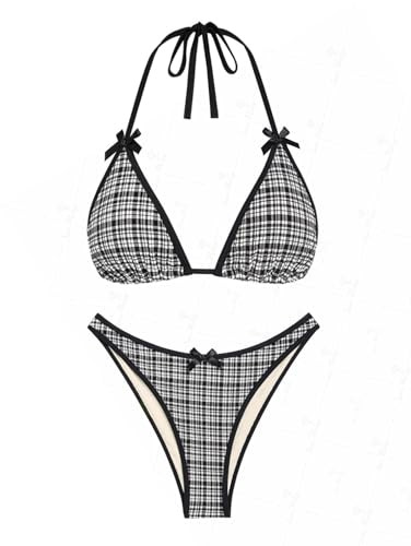 seamoly Gingham Contrast Binding Bowknot Decor Halter Tied Triangle Bikini Set, Black, L | Amazon (US)