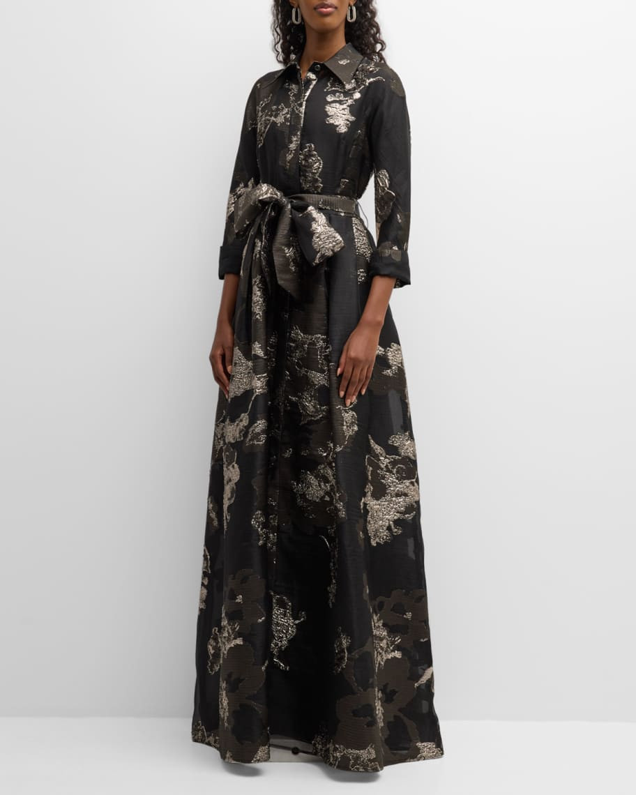 Rickie Freeman for Teri Jon Pleated Metallic Organza Jacquard Shirt Gown | Neiman Marcus