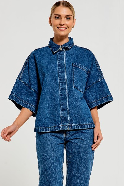 Short Sleeve Oversized Denim Shirt in Mid Blue | Bohemian Traders