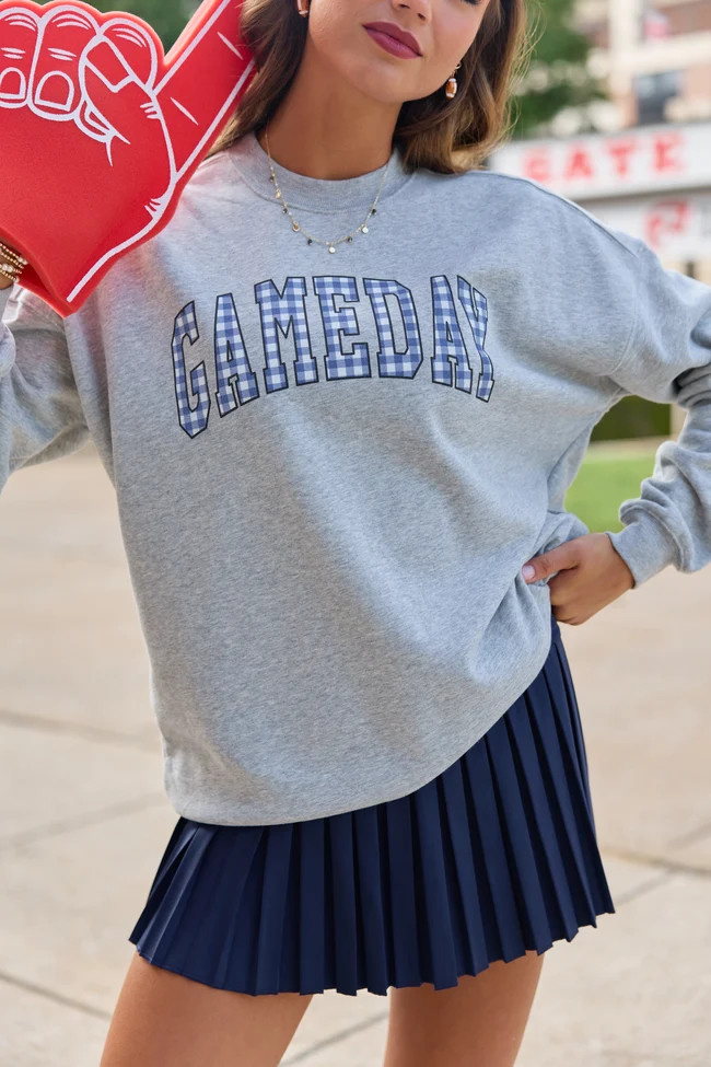 Gameday Navy Gingham Light Grey Graphic Sweatshirt | Pink Lily