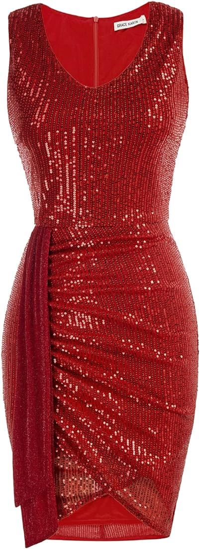 GRACE KARIN Women Sparkly Sequin Dress Sleeveless V Neck Sexy Club Party Cocktail Dress | Amazon (US)