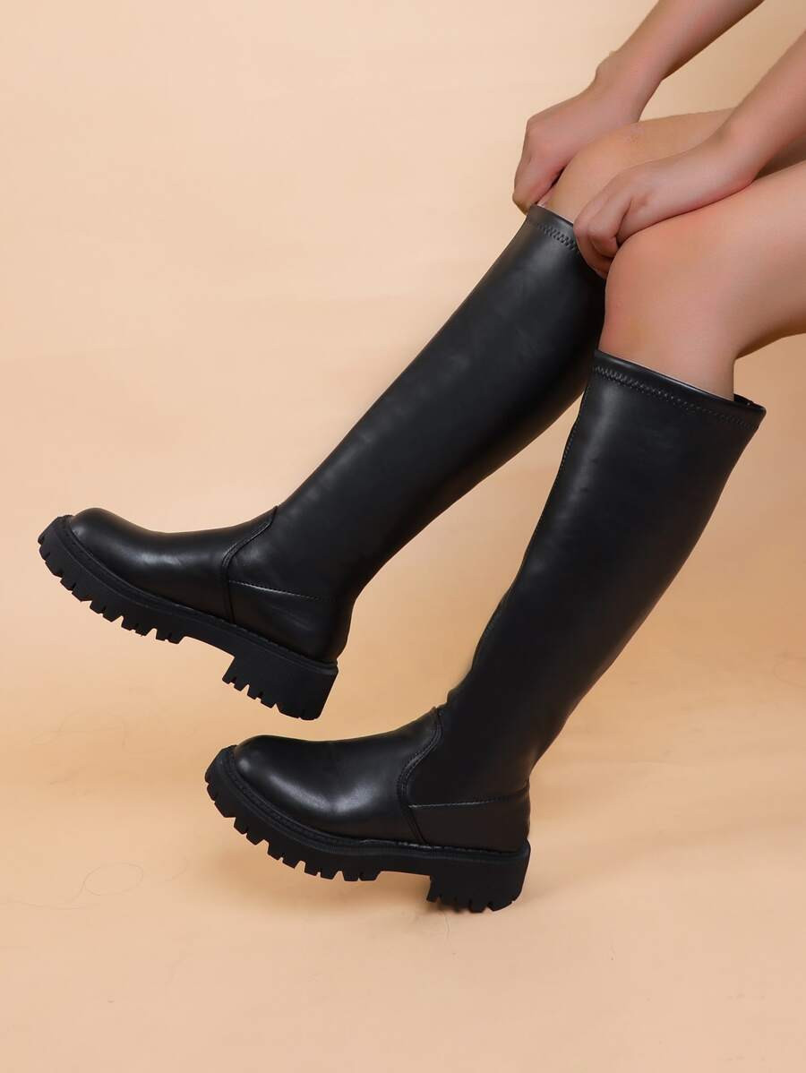 Fall/Winter 2025 Women's Elegant Black Solid Color Glossy Fashion Knee-High Boots | SHEIN