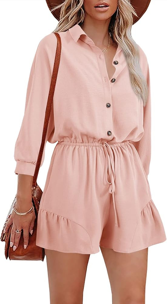Wenrine Women's Rompers Shorts Button Down 3/4 Sleeve Ruffles Wide Leg Elastic Waist Casual Jumpsuit | Amazon (US)