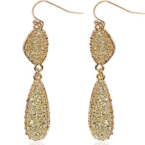 Gold-Tone Earrings for Women Dangle - Dangly Earrings for Woman, Simulated Druzy Drop Dangles, Long Double Teardrop Dangly Hanging Formal Jewelry, Boho Elegant Dressy Dangling Drops with Sparkly Druzy | Amazon (US)