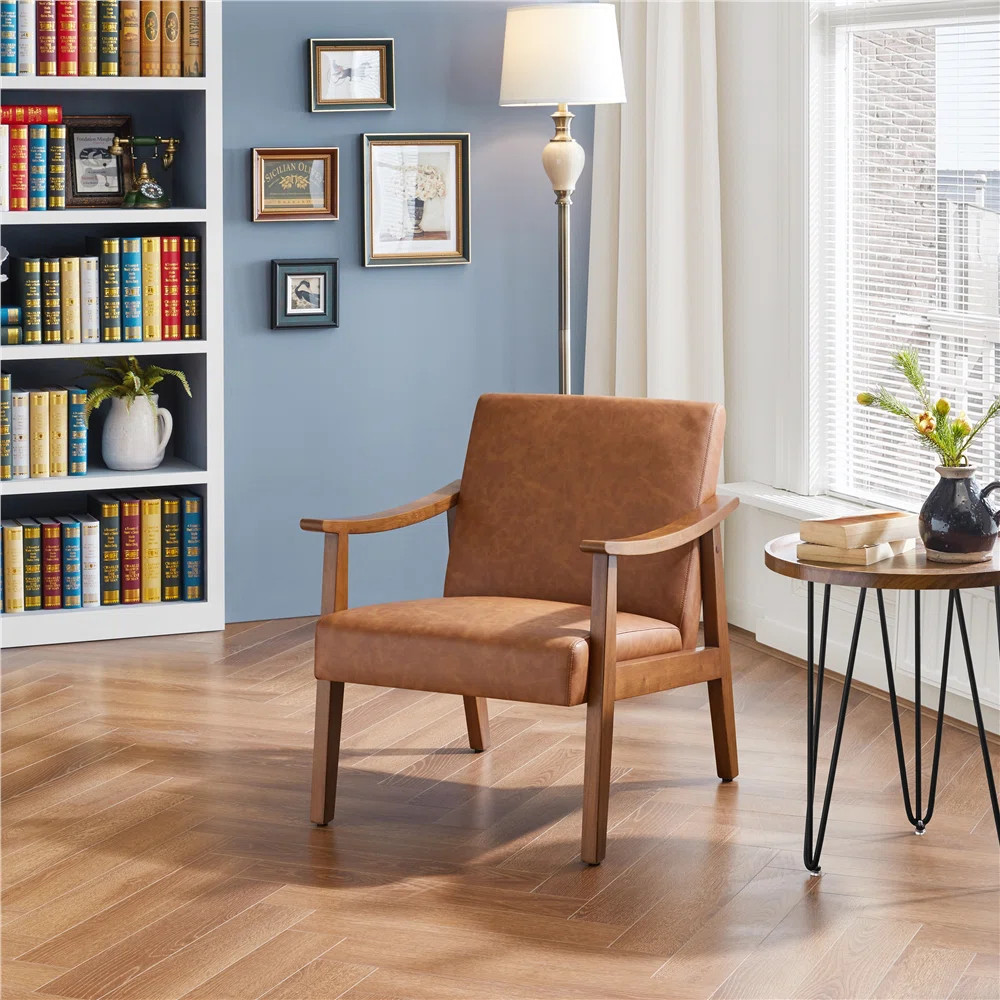Asmat 24.5" W Mid-Century Modern Faux Leather Armchair with Solid Wood Legs | Wayfair North America
