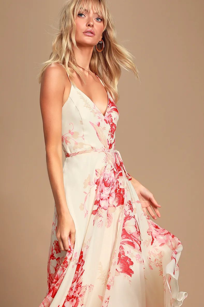 Elegantly Inclined Cream and Coral Floral Print Wrap Maxi Dress | Lulus (US)