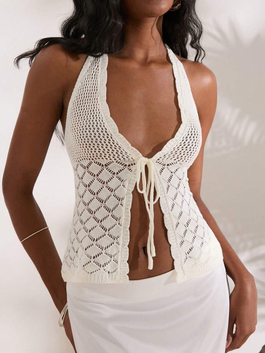 LocalOpulessa Tie Front Backless Halter Neck Cover Up Top, For Summer Beach Vacation,Women's Eleg... | SHEIN