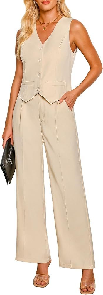 luvamia Pant Suits for Women Dressy Casual 2 Piece Sets Sleeveless Blazer Vest with High Rise Wid... | Amazon (US)