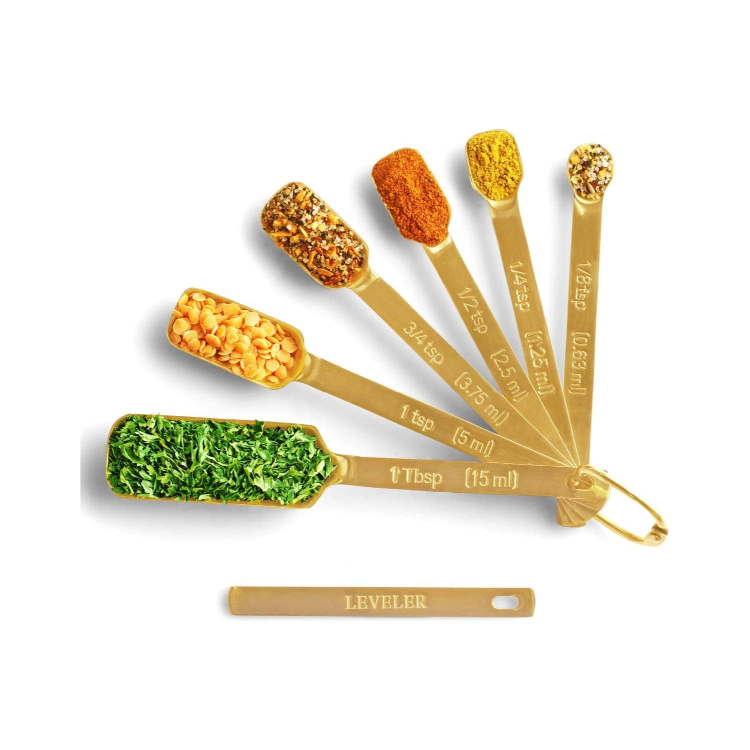 2lbDepot Gold Measuring Spoons Set of 7 Includes Bonus Leveler, for Baking/Cooking, Premium Kitchen use Stainless Steel Teaspoons, Rust Proof, Narrow Design fits into Spice Jars | Amazon (US)
