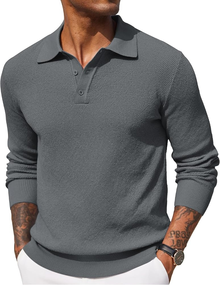 COOFANDY Mens Knit Polo Shirts Long Sleeve Casual Polo Sweaters Shirt Waffle Textured Collared Sw... | Amazon (US)