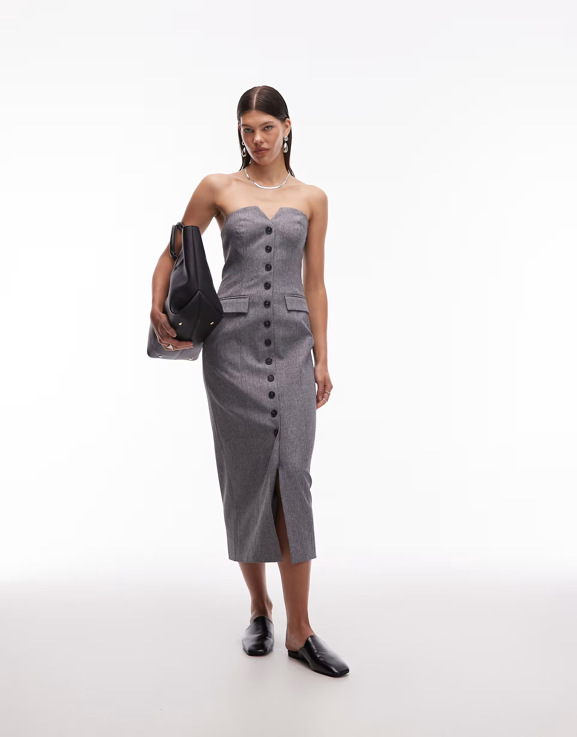 4th & Reckless tailored bandeau button front pocket detail midi dress in gray | ASOS (Global)