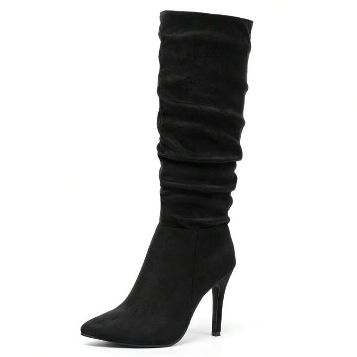 Women Suede Knee High Boots Pointed Toe Stiletto Boot Slouchy Zipper High Heel Boots | SHEIN