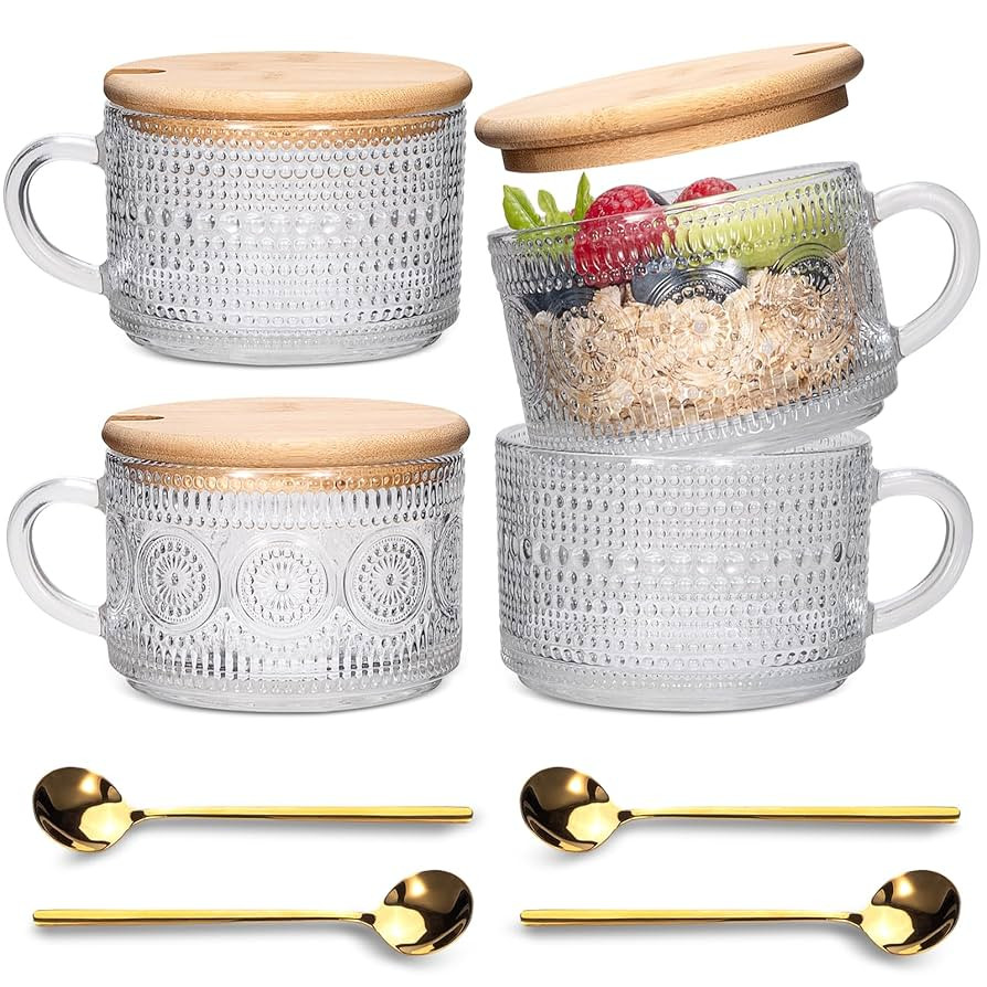 Vintage Coffee Mugs 4pcs Set, Clear Embossed Tea Cups with Bamboo Lids and Spoons, 14 Oz Glass Co... | Amazon (US)