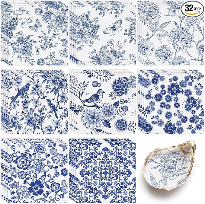 32 Pcs 8 Styles Decoupage Napkins, Blue and White Floral Paper Napkins Chinoiserie Decorative Coc... | Amazon (US)