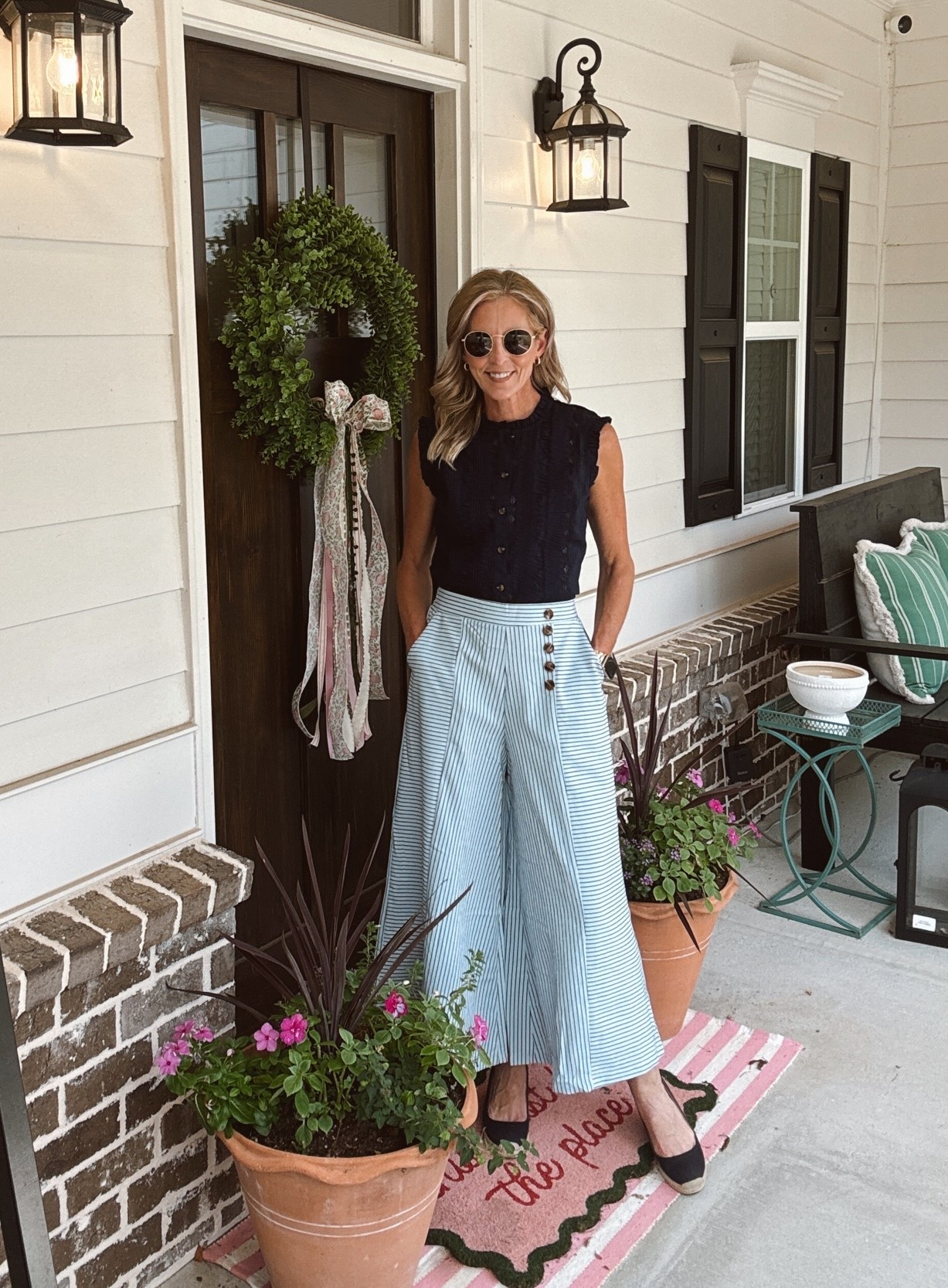 Striped wide leg pants with an elastic waist pockets come in five colors wearing a size small. 

Teacher outfits, teacher fashion, back to school style, fall teacher outfits, classroom outfits, workwear for women, business casual outfits, affordable fashion, capsule wardrobe, fall fashion, teacher wardrobe, classroom style, Walmart fashion, Target style, Amazon fashion, classic style, women over 40 fashion, everyday workwear, outfit inspiration, mix and match outfits.