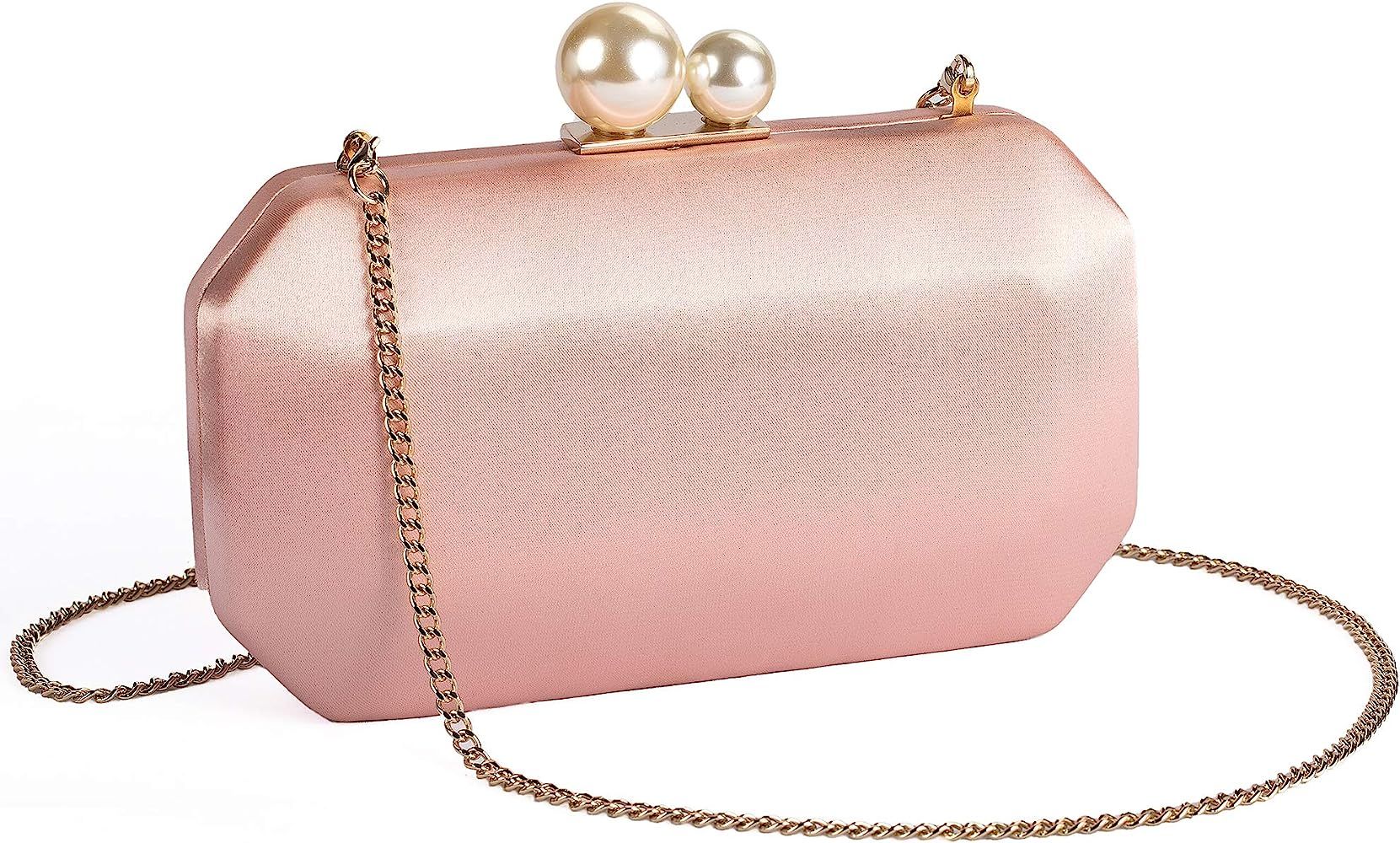 Women Satin Clutch Purse Handbags/Crossbody Hardcase Evening Bag with Pearls Closure for Party | Amazon (US)