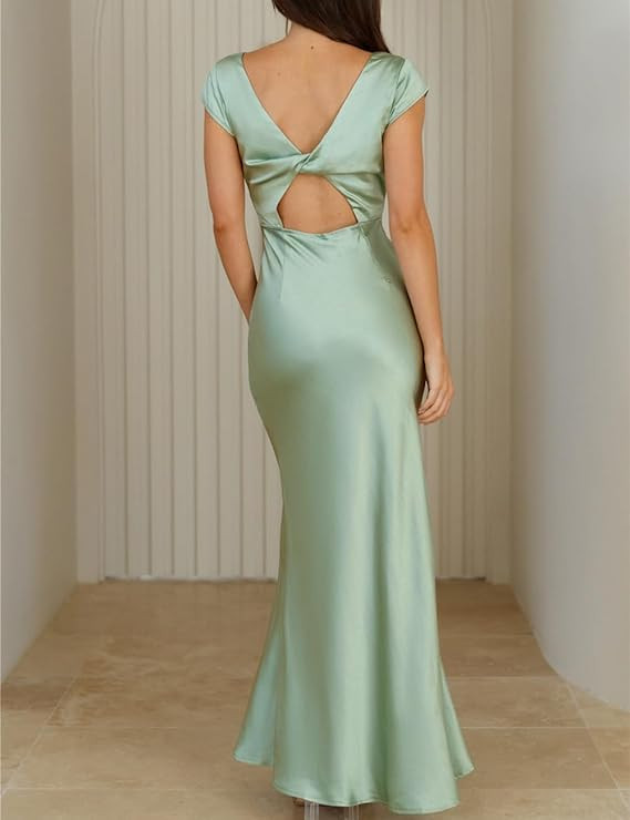 Halfisland Womens Summer Satin V Neck Cap Sleeve Backless Maxi Dress Elegant Twist Cut Out Midi D... | Amazon (US)