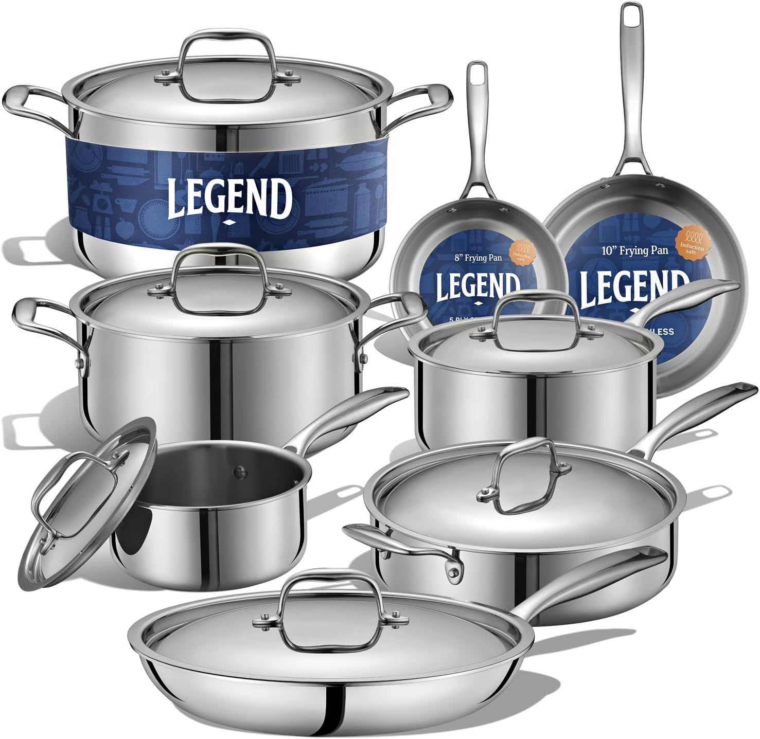 LEGEND COOKWARE Stainless Steel Cookware Set | 5 Ply, 14-Piece, Induction, Non-Toxic, Oven Safe | Best 18/8 Full Clad | Professional Kitchen Cooking, Heavy Chef Quality | PFOA, PTFE & PFOS Free | Amazon (US)