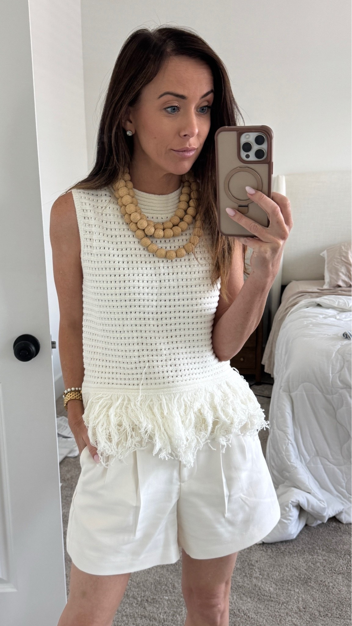 Cute summer outfit with statement necklace and white tailored shorts
.
Shorts are old from Abercrombie (style is sold out) but found a super similar pair from Aritzia, linked below

#LTKpartywear #LTKsummer