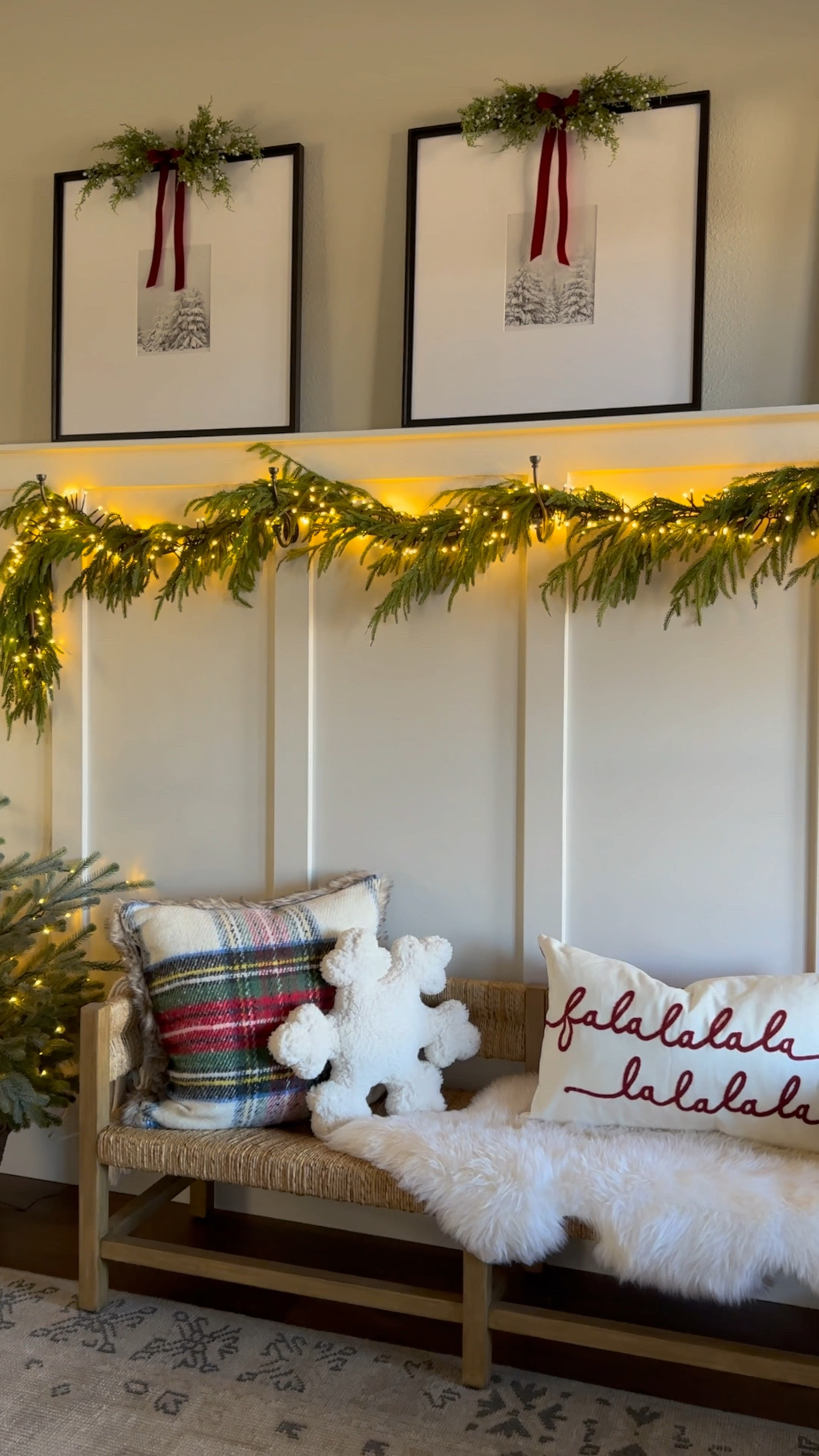 Holiday Entryway~
Welcome your guests with a little holiday decor in your entryway.  I love adding greenery, lights and some festive pillows for an inviting touch.  

#LTKHome #LTKHoliday