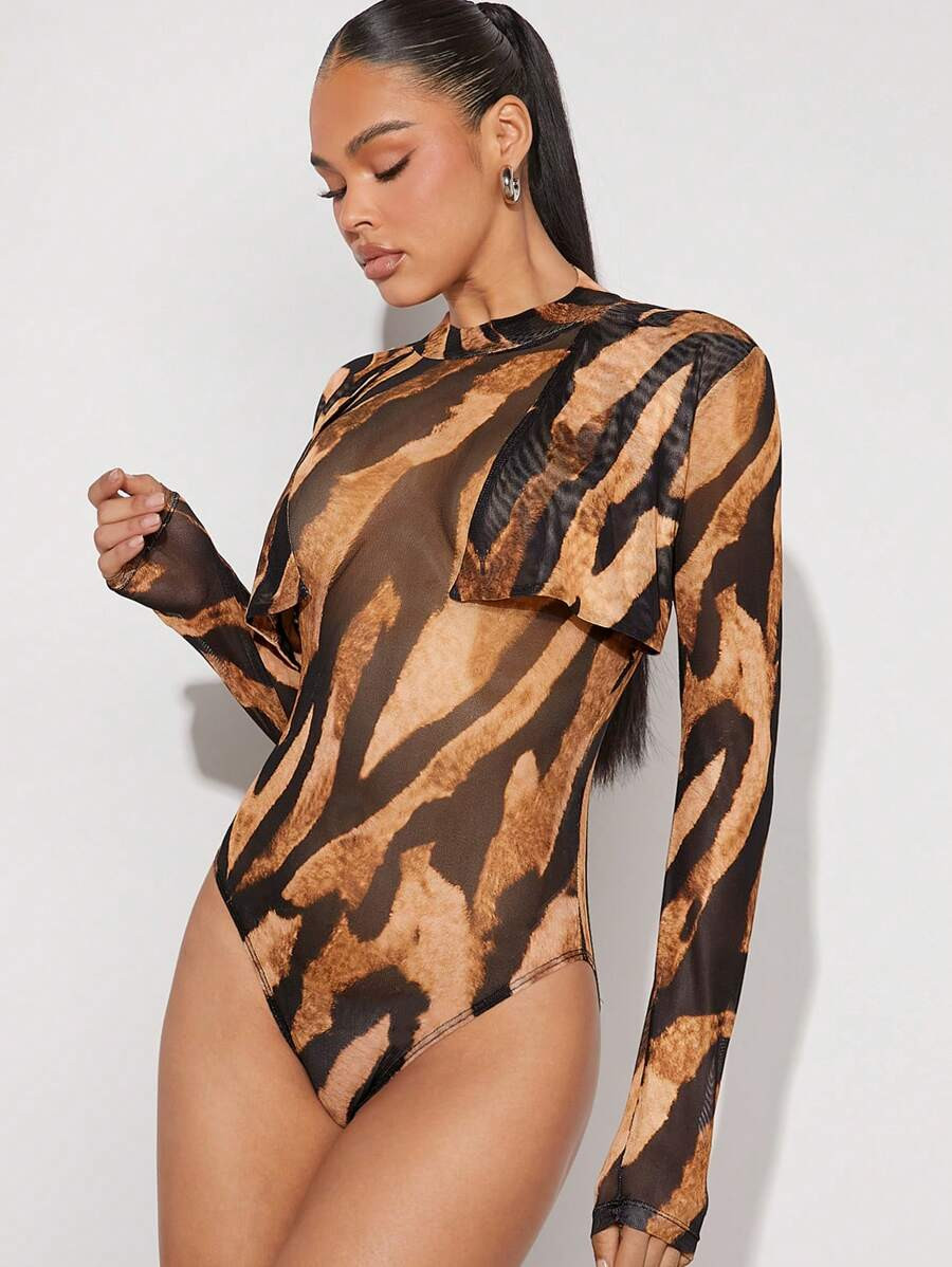Hauture Animal Print Mock Neck Draped Bodysuit | SHEIN