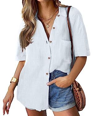 HOTOUCH Linen Shirts for Women Cotton Button Down Shirt Short Sleeve Loose Fit Collared Casual Wo... | Amazon (US)