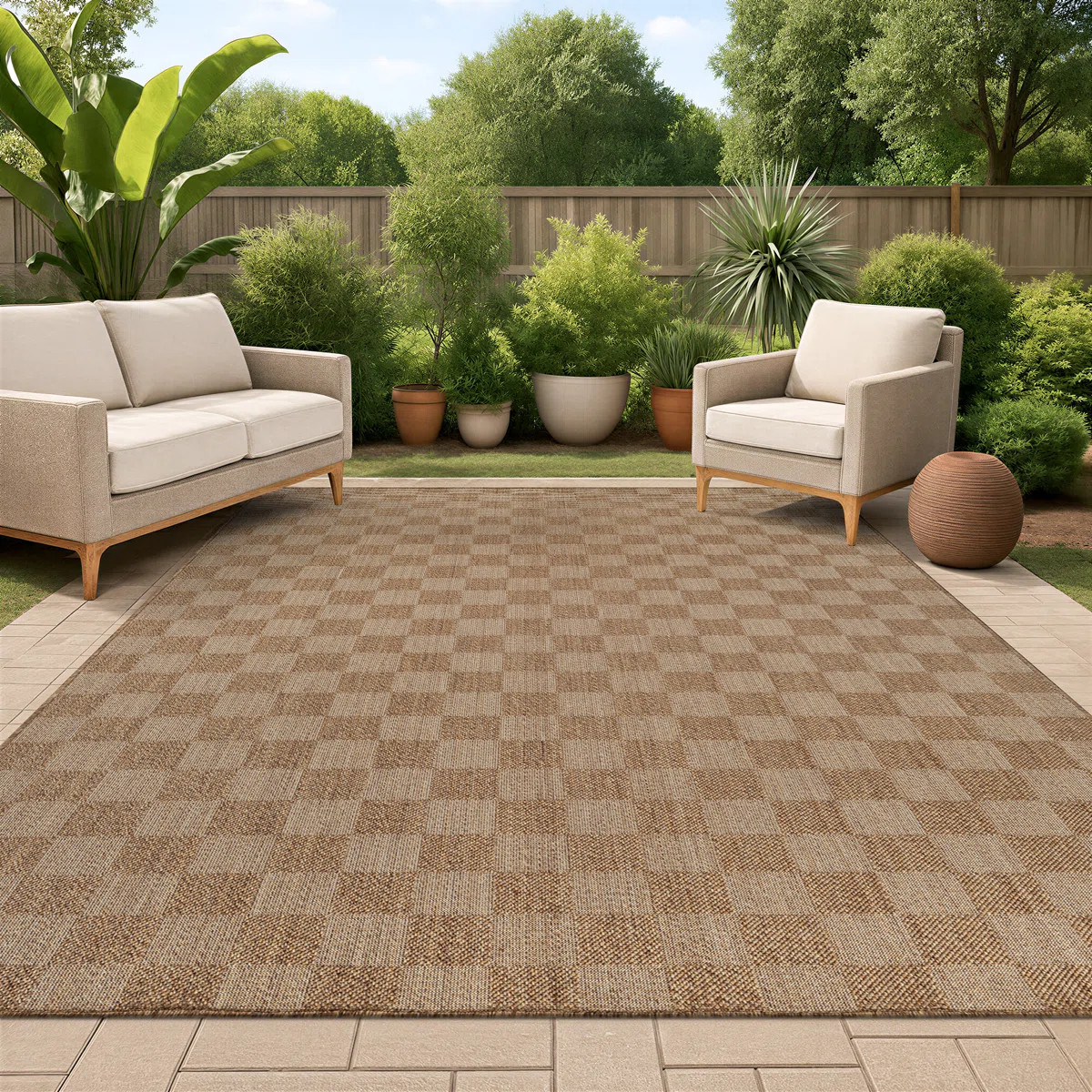 Checkered Sand/Natural Easy-Care Jute-Style Indoor/Outdoor Flat Woven Area Rug | Wayfair North America