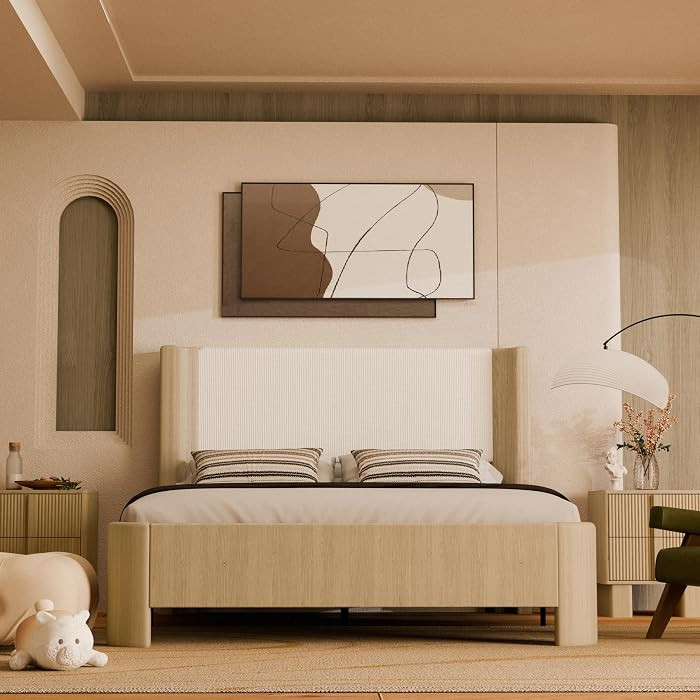Upholstered Bed Frame with Wingback Headboard, Upgraded Platform Bed with Integrated LED Lighting... | Amazon (US)