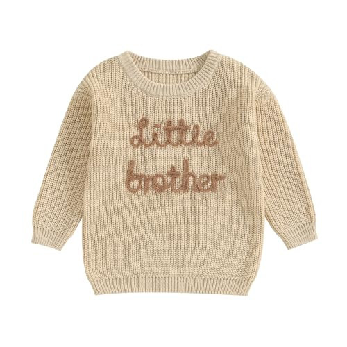 Toddler Baby Girl Boy Long Sleeve Knit Sweater Brothers Sisters Letter Embroidery Round Neck Pullover Fall Winter Tops (Little Brother Khaki, 9-12 Months) | Amazon (US)