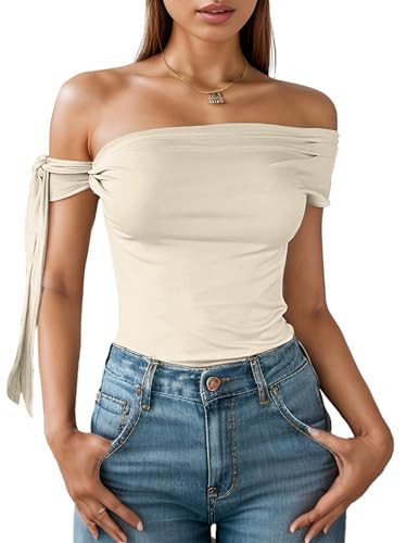 Off The Shoulder Tops for Women - Tie Shoulder Ruched Going Out Slim Fit Solid Y2K Tops Apricot | Amazon (US)