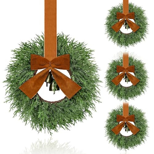 Suncalla 4 Pcs Small Christmas Wreaths for Cabinets 10.2 Inch Mini Cedar Wreaths with Vintage Rustic Cow Bell and Brown Velvet Ribbon Christmas Farmhouse Decoration for Kitchen Fireplace Window Door | Amazon (US)