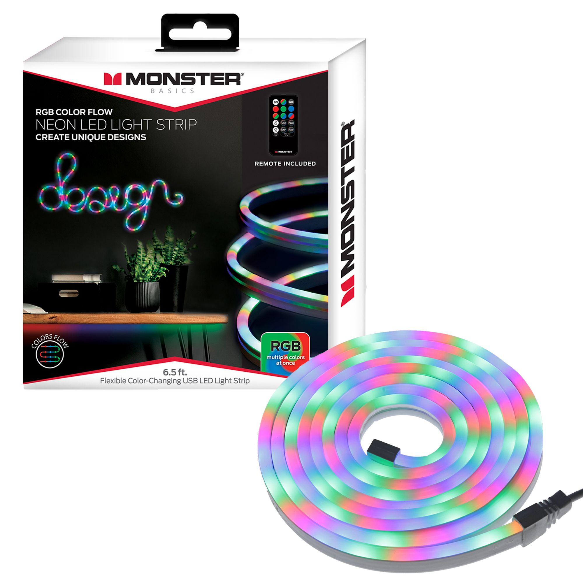 Monster Neon Flow Multi-Color LED Light Strip with USB Plug-in and Remote, 6.5 ft | Walmart (US)