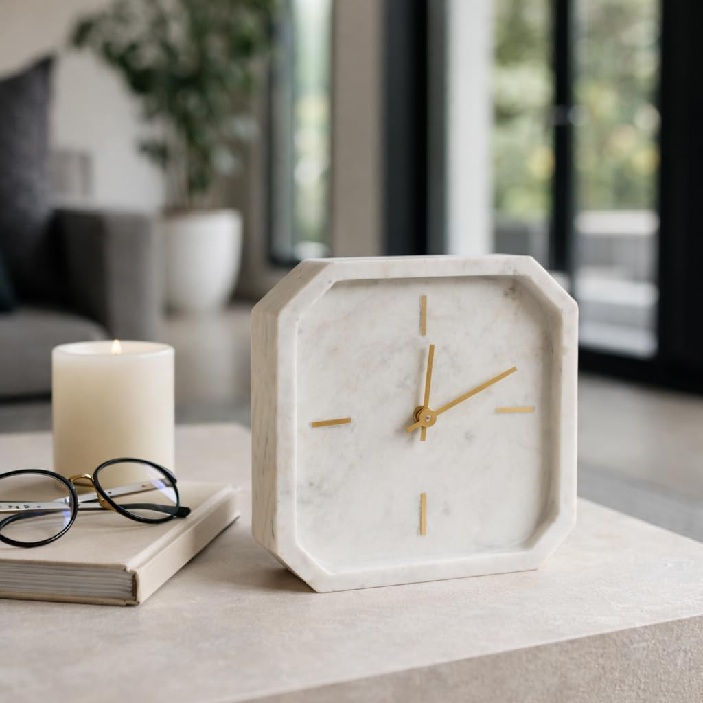 Octagon Marble Table Clock for Living Room and Office Decor - Small Decorative Desk Clock for Mantel, Shelf, Console, and Table - Home Time Display for Tabletop or Workspace - 8", Ivory & Gold | Amazon (US)