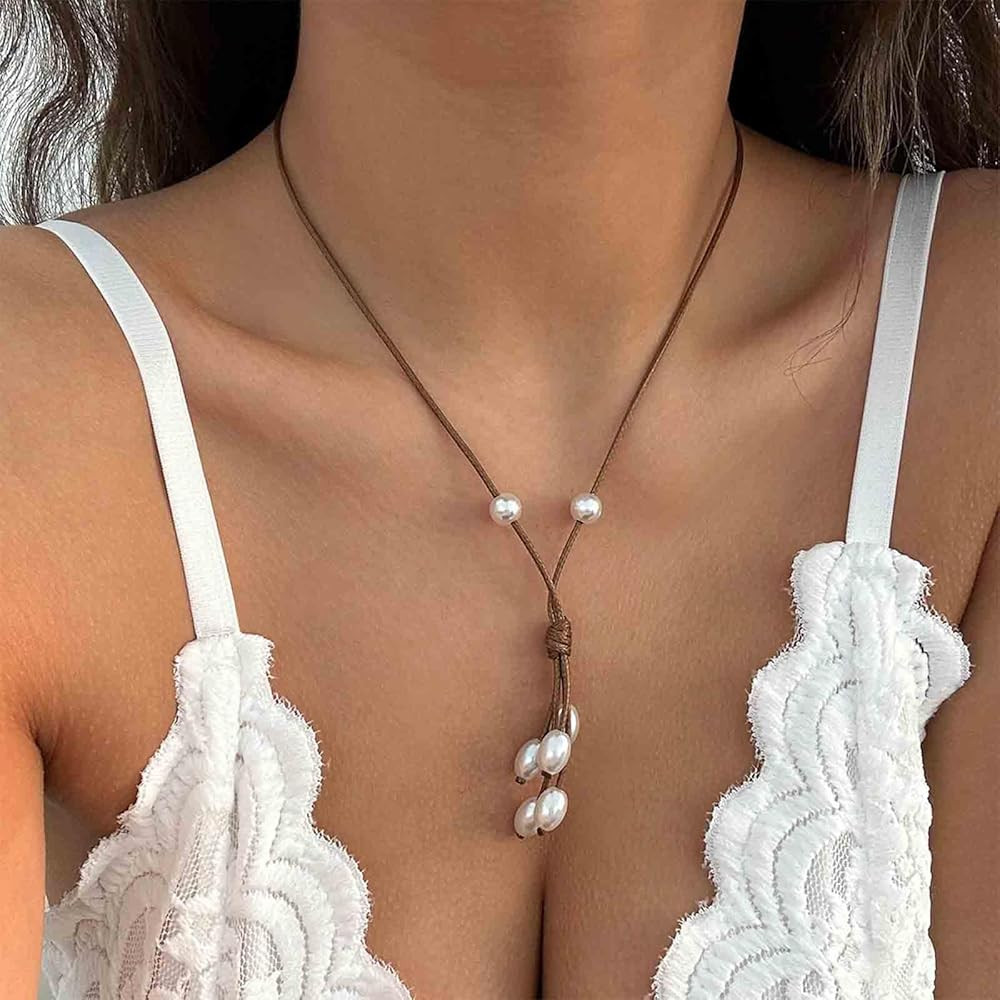 Vintage Brown Leather Pearl Choker Necklaces Leather Y Lariat Necklaces Pearl Tassel Drop Necklac... | Amazon (US)