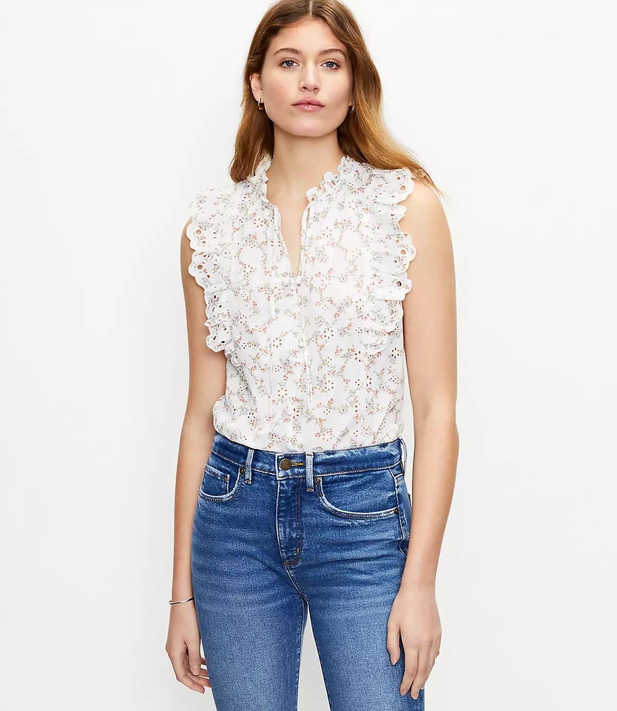 Bouquet Split Neck Ruffle Shell | LOFT