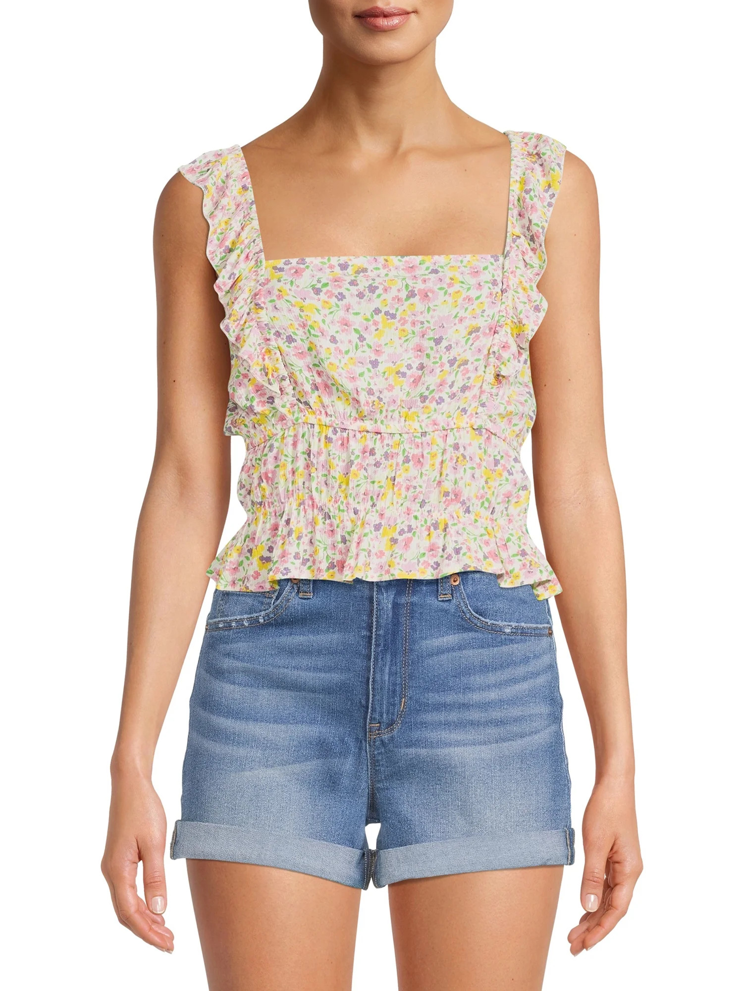 Derek Heart Women's Juniors Square Neck Pinafore Sleeveless Tank Top with Elastic Waist | Walmart (US)