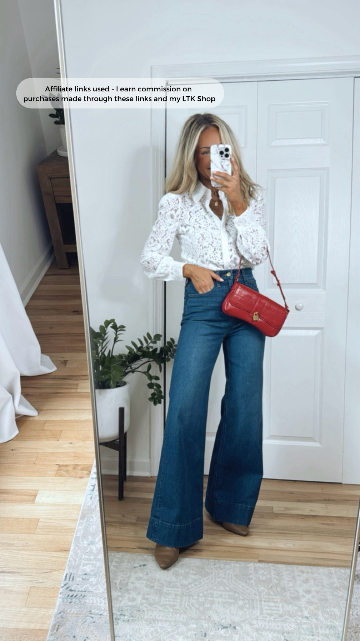 This lace top and wide leg jeans outfit is SUCH a pretty outfit for this time of year and SO versatile! This would be the perfect brunch outfit, casual day date outfit, or Easter outfit!