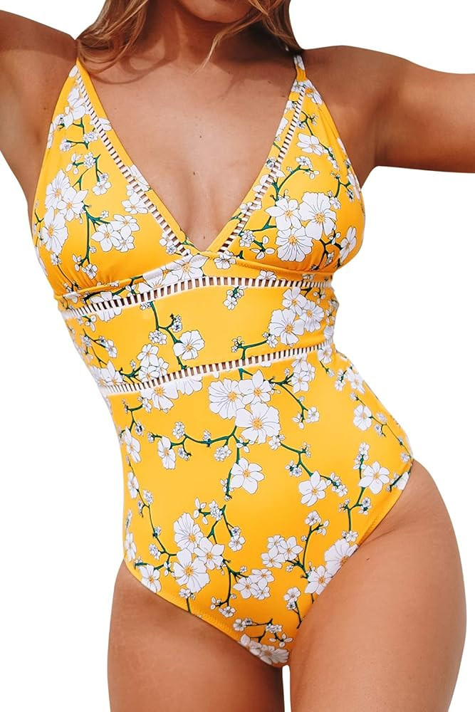 CUPSHE Women's Yellow Pear Blossom Print Cutout One Piece Swimsuit | Amazon (US)