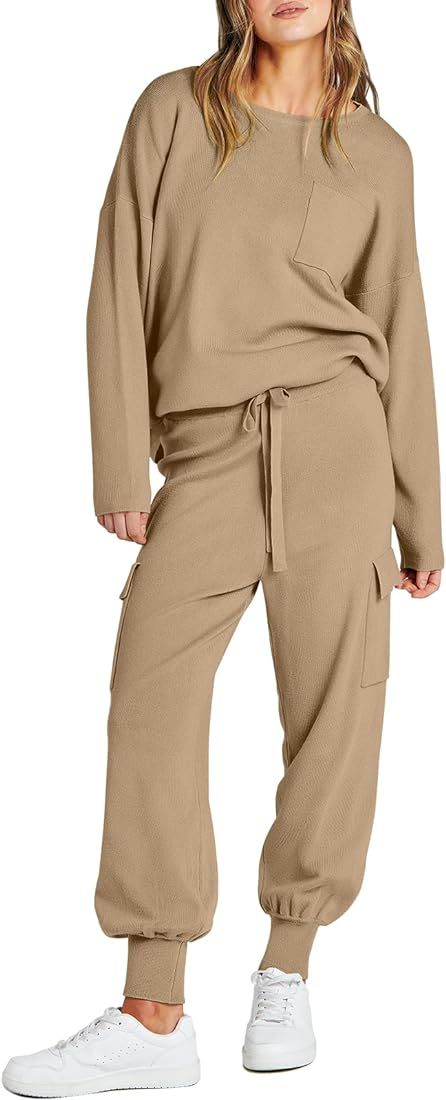 Women's Two Piece Outfits Knit Sweater Sets Long Sleeve Pullover Tops And Cargo Jogger Pants Loun... | Amazon (US)